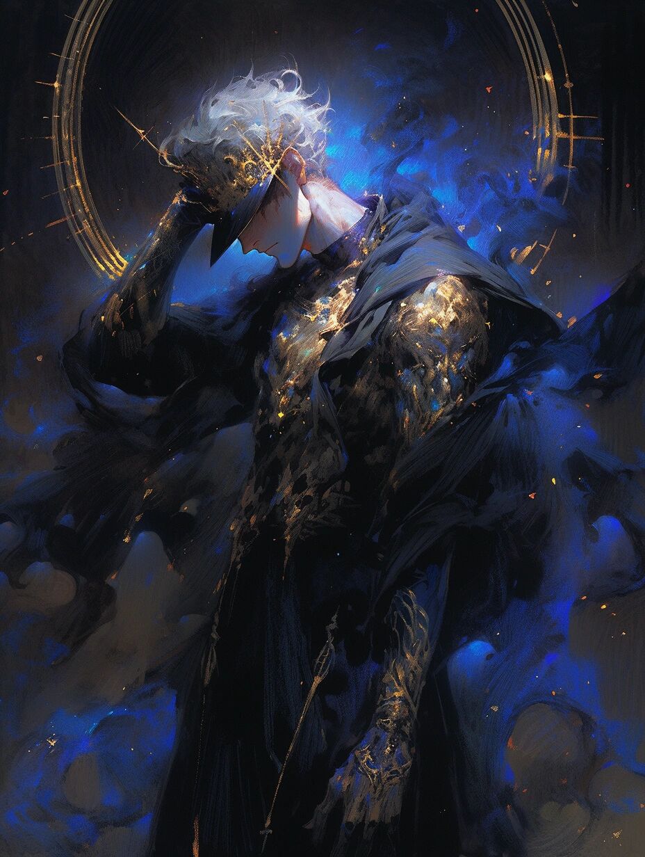 堕天使 黑羽展翅,堕天之美.他的眼神深邃凝视,带着一丝禁忌.