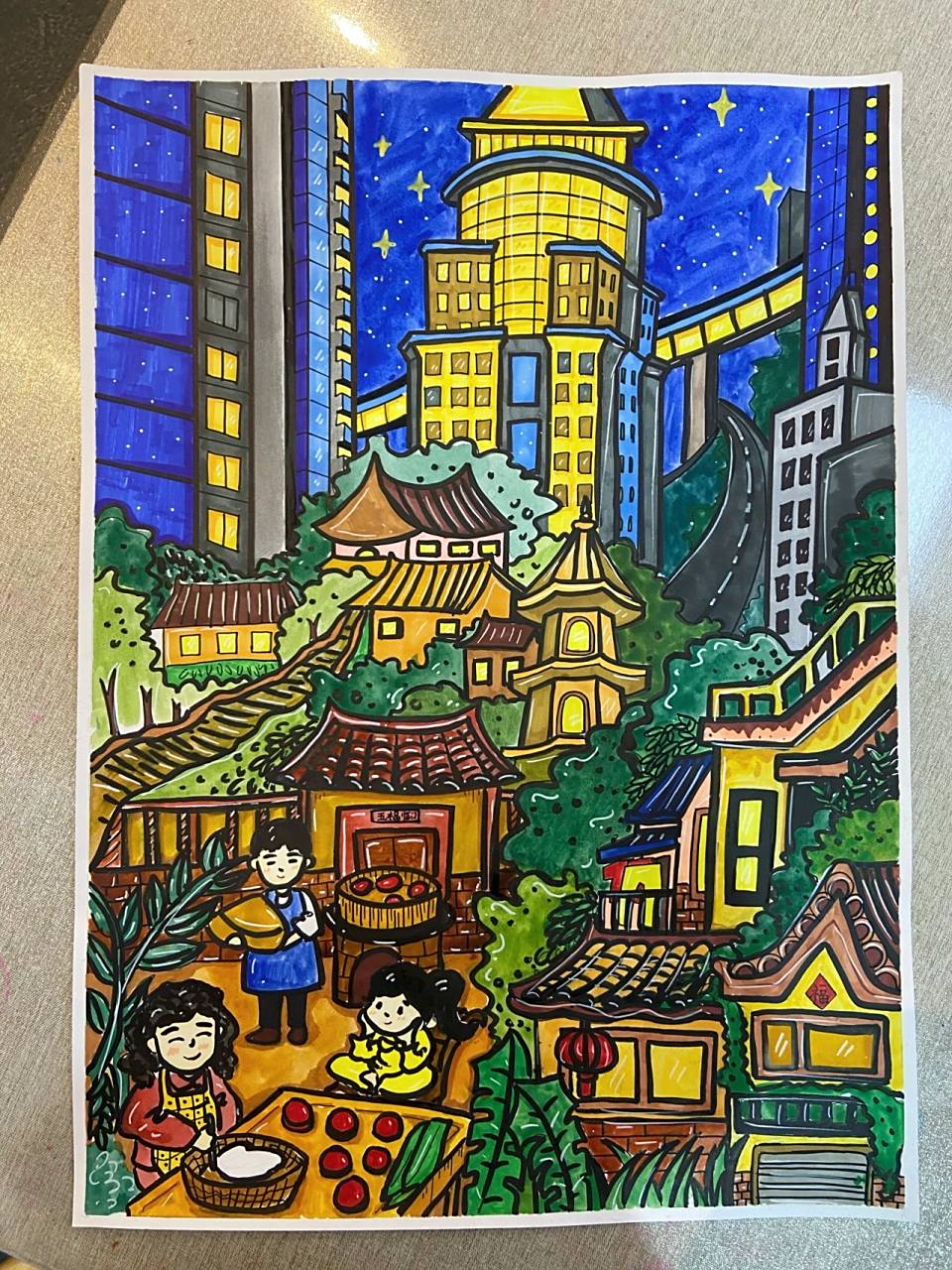 日新月异的家乡|小学主题画4开大小 绘画主题:城市的快速发展,让新旧