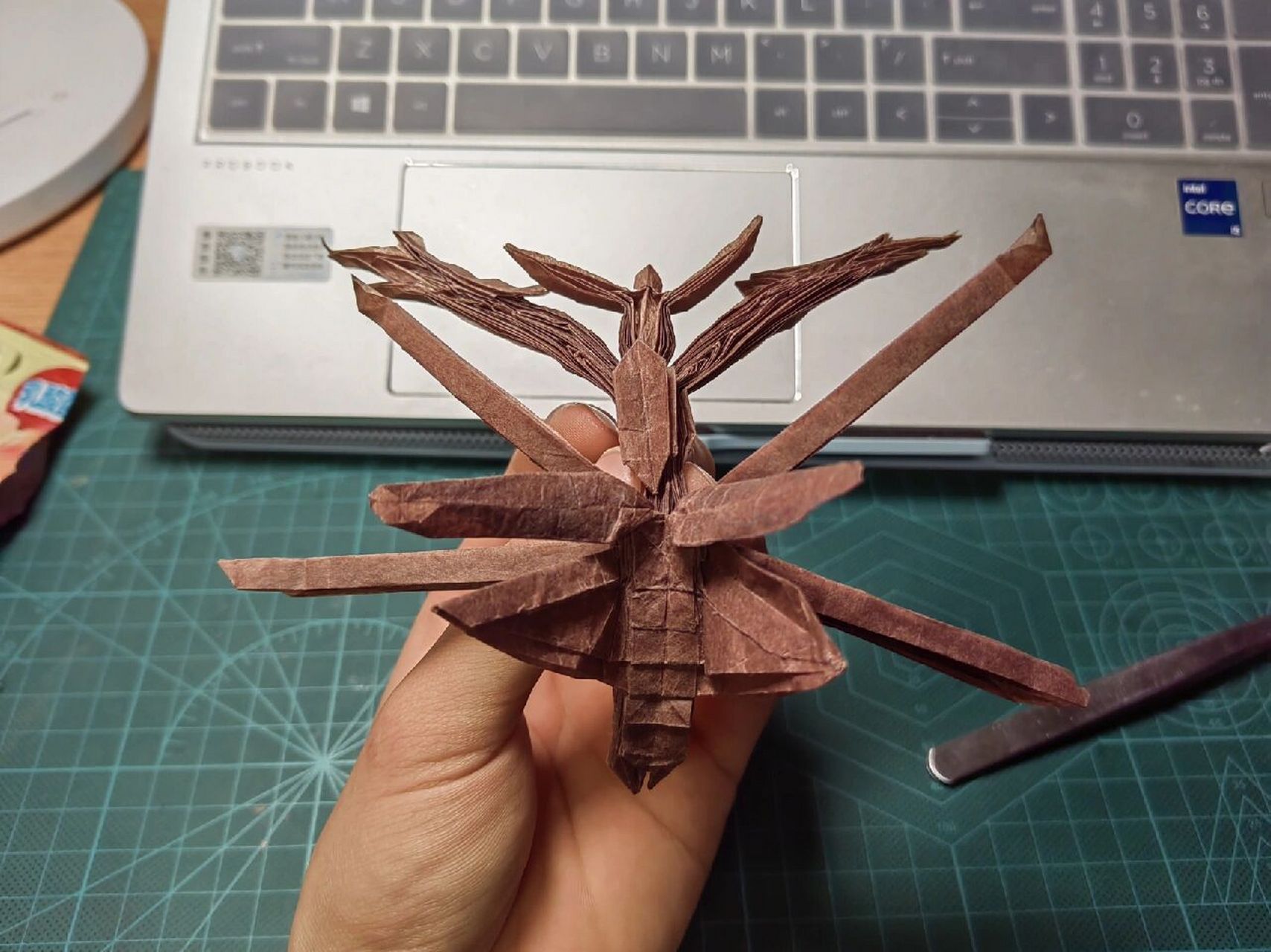 火车上折完的折纸螳螂 设计:今井幸太 折拍:我 用纸:35cm棕色拷贝纸