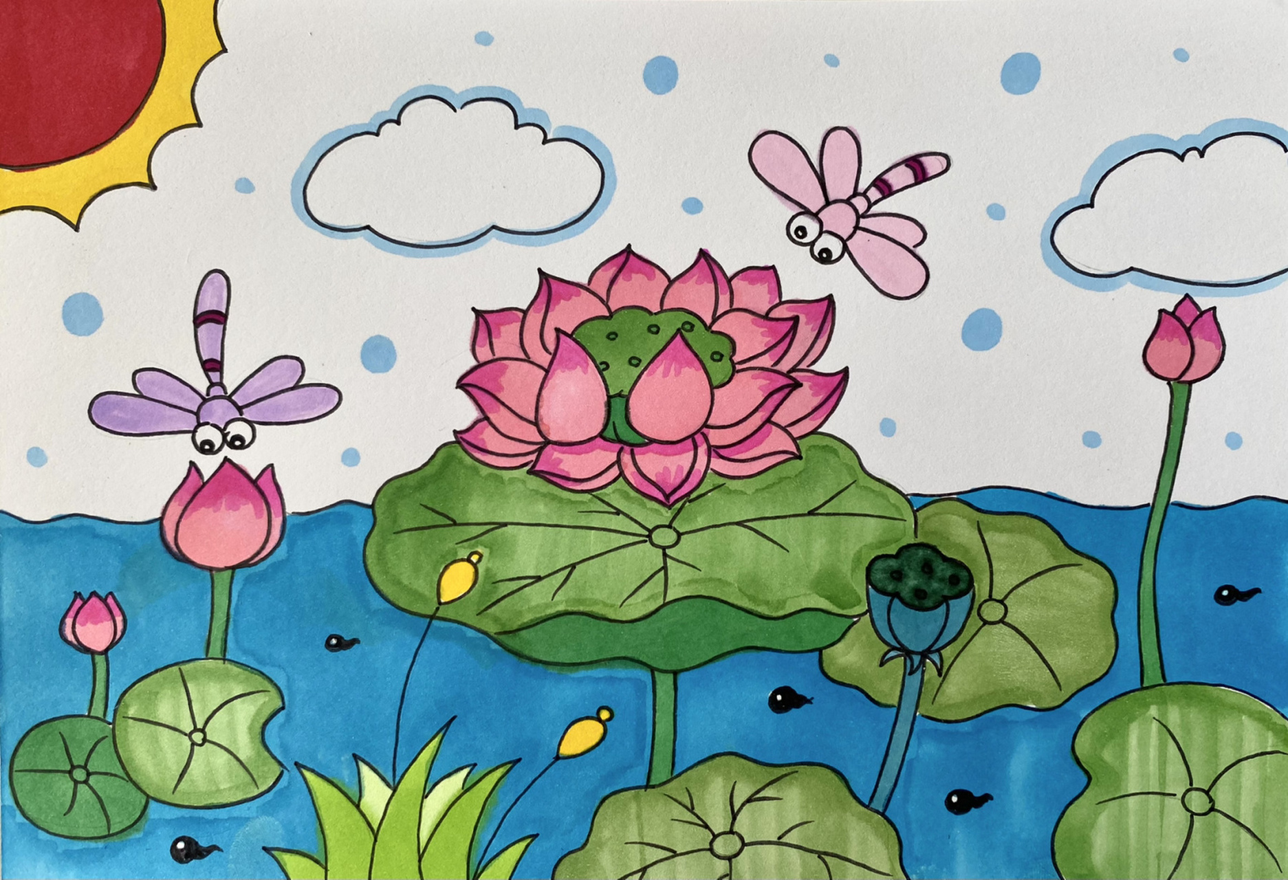 荷花儿童创意画 美丽的池塘风景画 #创意美术儿童画# #儿童创意画