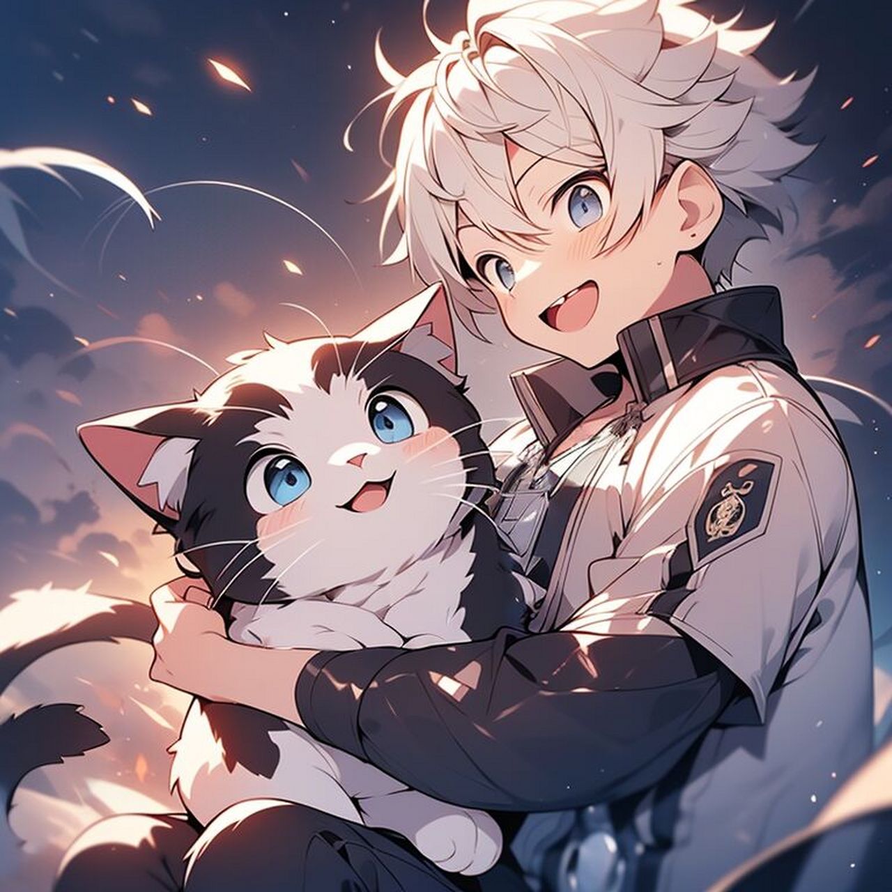 白发男孩与可爱的猫咪 	 ai咒语 动漫男孩抱着猫,干净的背景,卡通特色