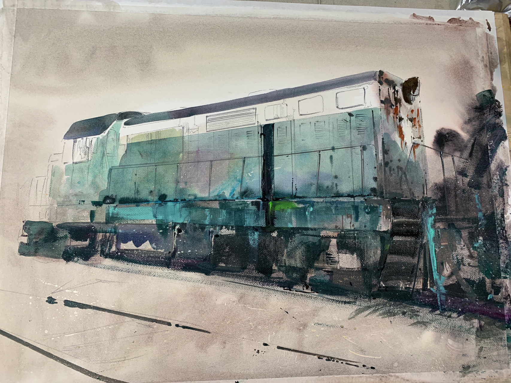水彩火车头绘画步骤 承载记忆的绿皮火车