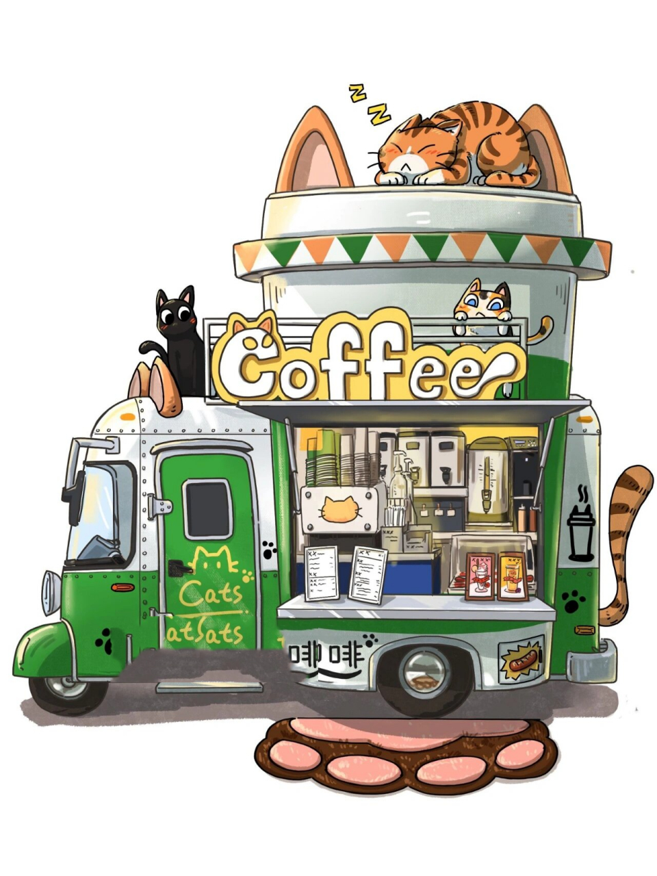 插画|咖啡车绘画过程 又画了一台餐车,它叫猫猫咖啡车……里面的猫