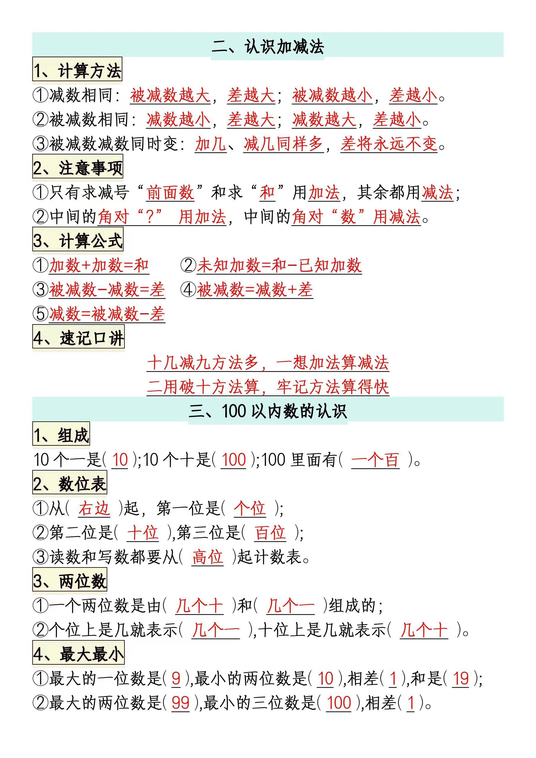 一年级下册数学全册的必备知识点汇总已经由