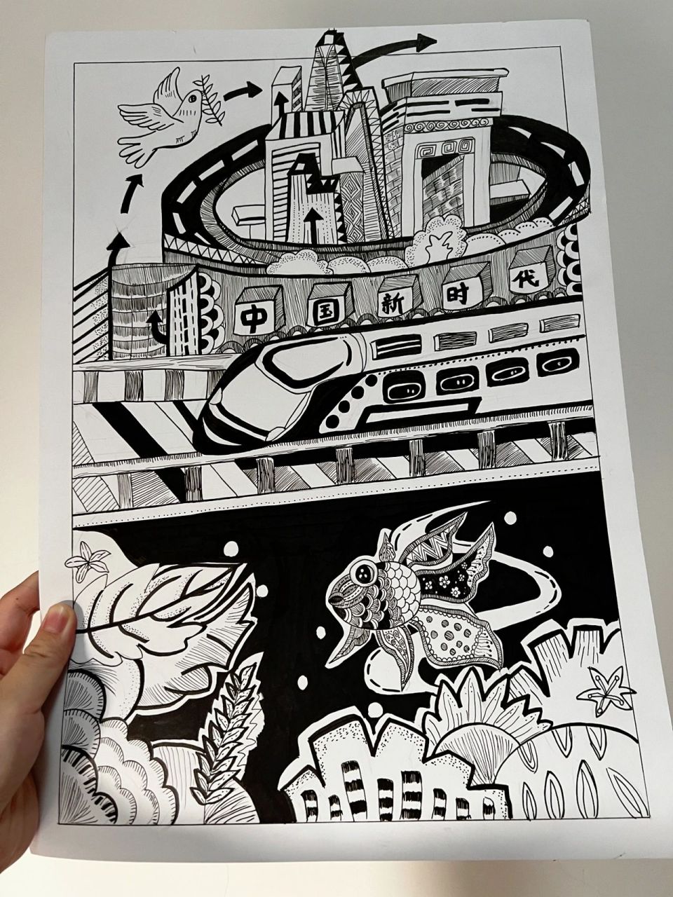 新时代主题绘画    黑色马克笔和勾线笔 耐心不够