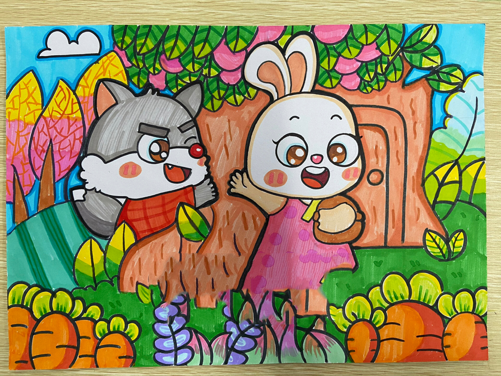 动物儿童画《大灰狼与小白兔》 翻找照片的时候看到了放假前孩子们