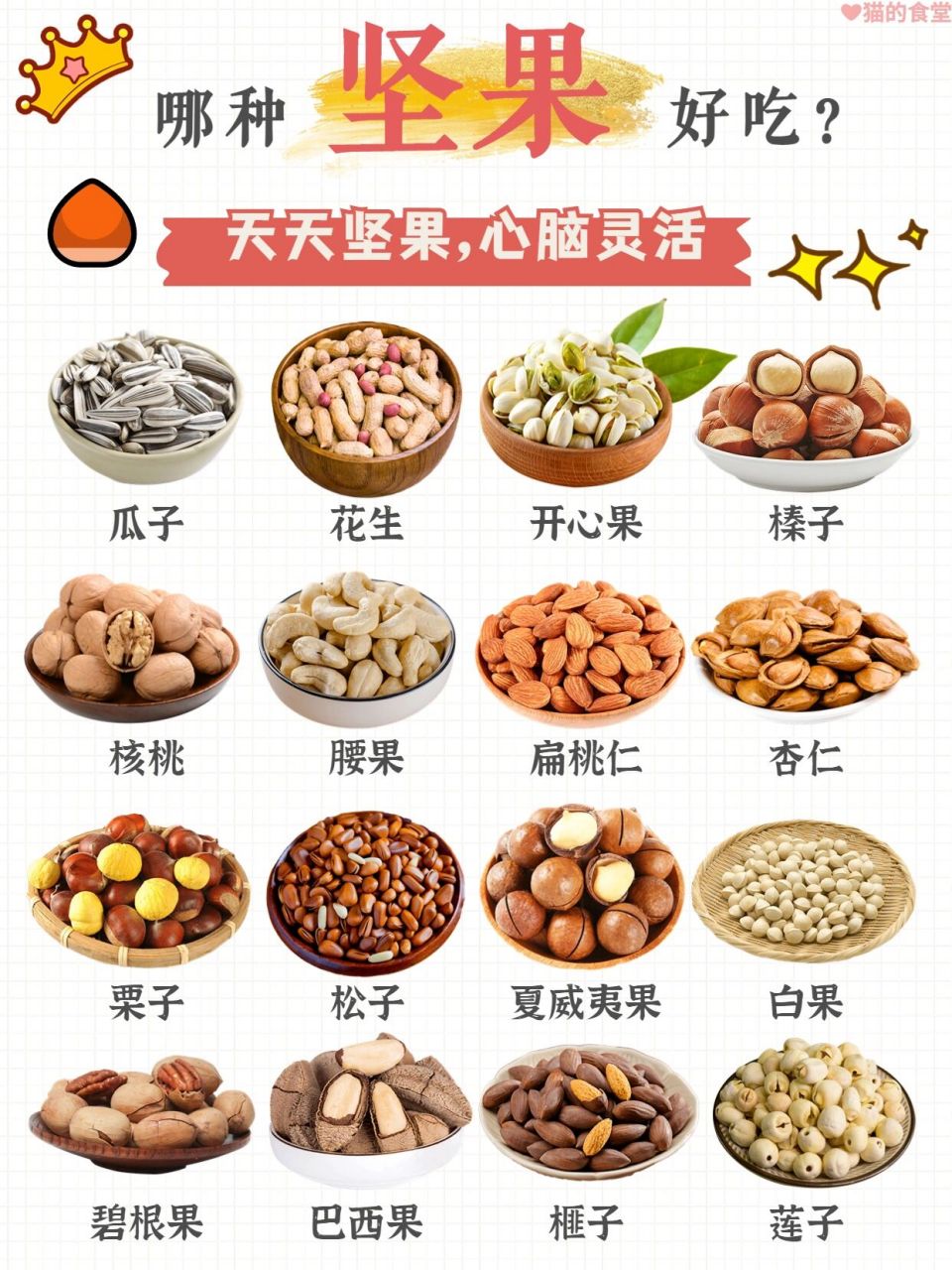 如果按照种类来分的话,可以分为树坚果和种子类坚果: 	 🌟树坚果