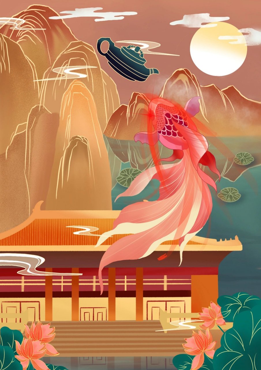 鲤鱼跃龙门国潮插画 临摹 首次学习插画临摹加自己的一些想法和创作