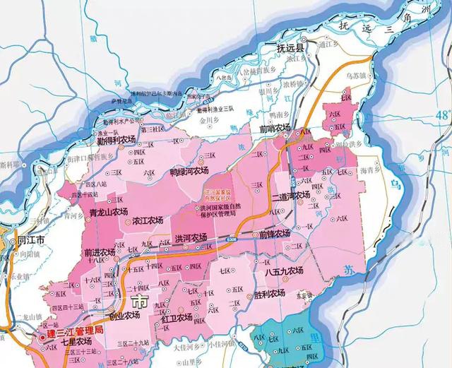 有前哨农场,二道河农场,前锋农场,鸭绿河农场,勤得利农场,八五九农场