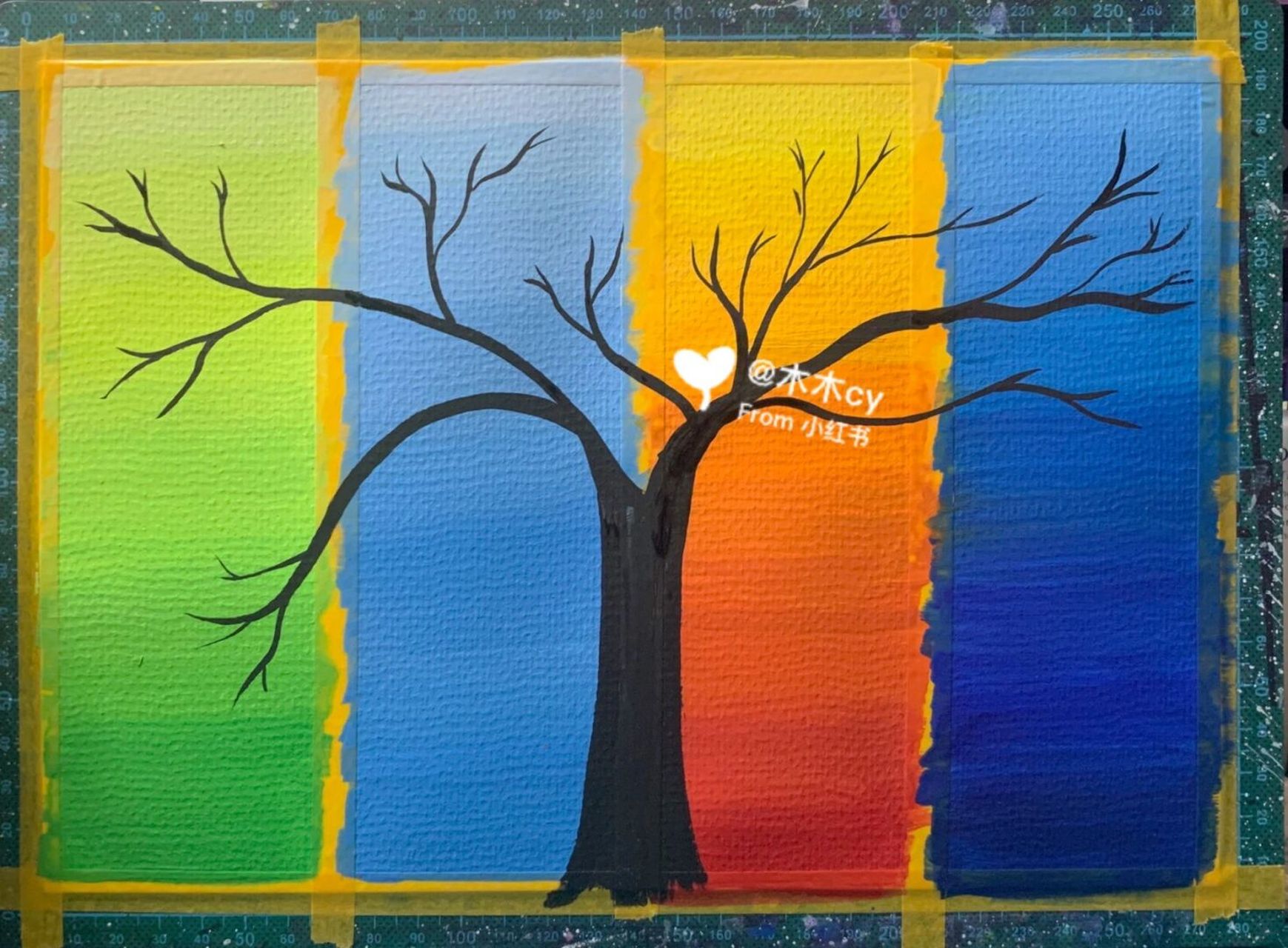 水粉风景～春夏秋冬(步骤) 纸张a4  ,纸胶是1cm的,平均分出四个长方形