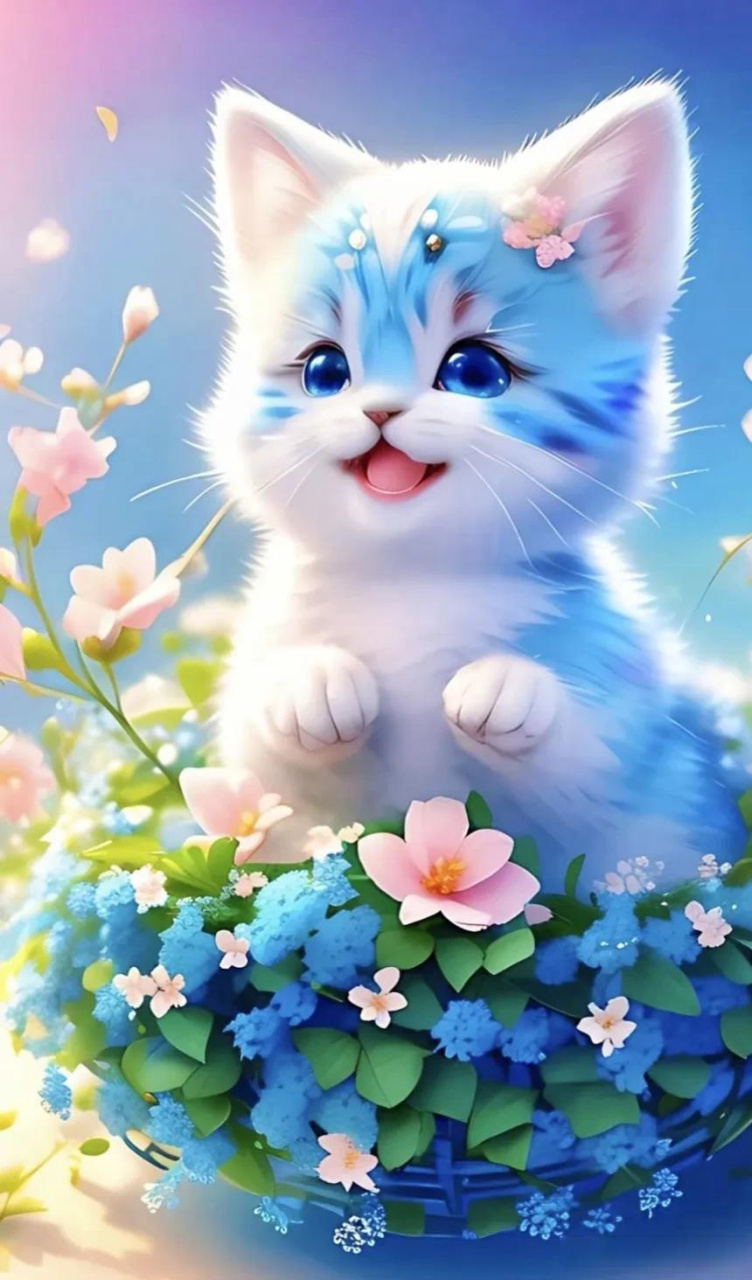 蓝猫咪戴着一朵花环,看起来更加优美.