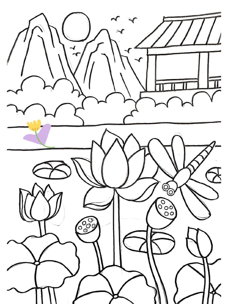 创意风景插画 池塘月色 7415原创荷花插画