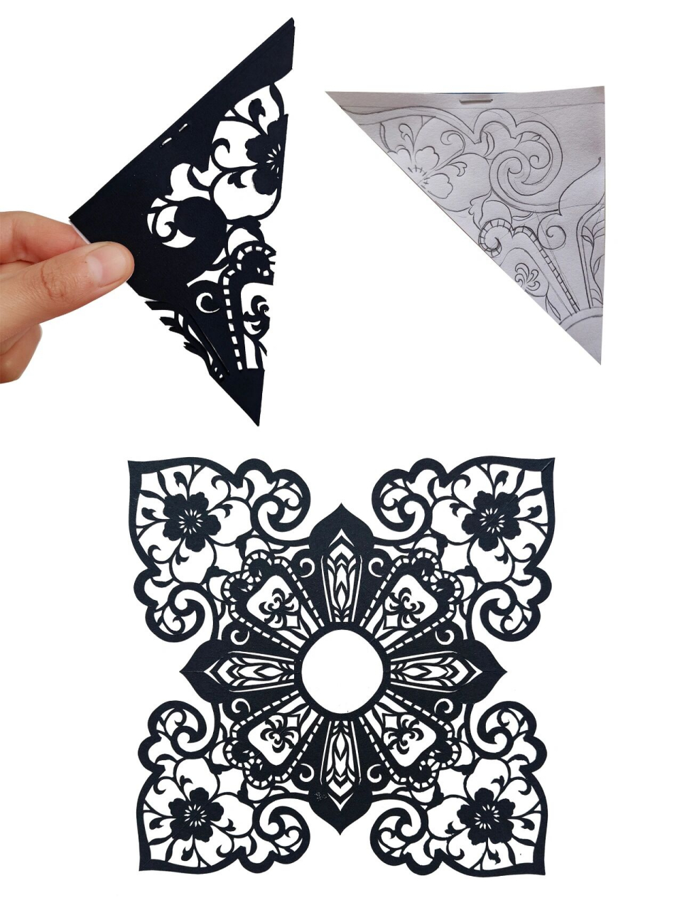 四合如意云肩剪纸 四合如意型是云肩里最经典的款式,造型为四片垂云