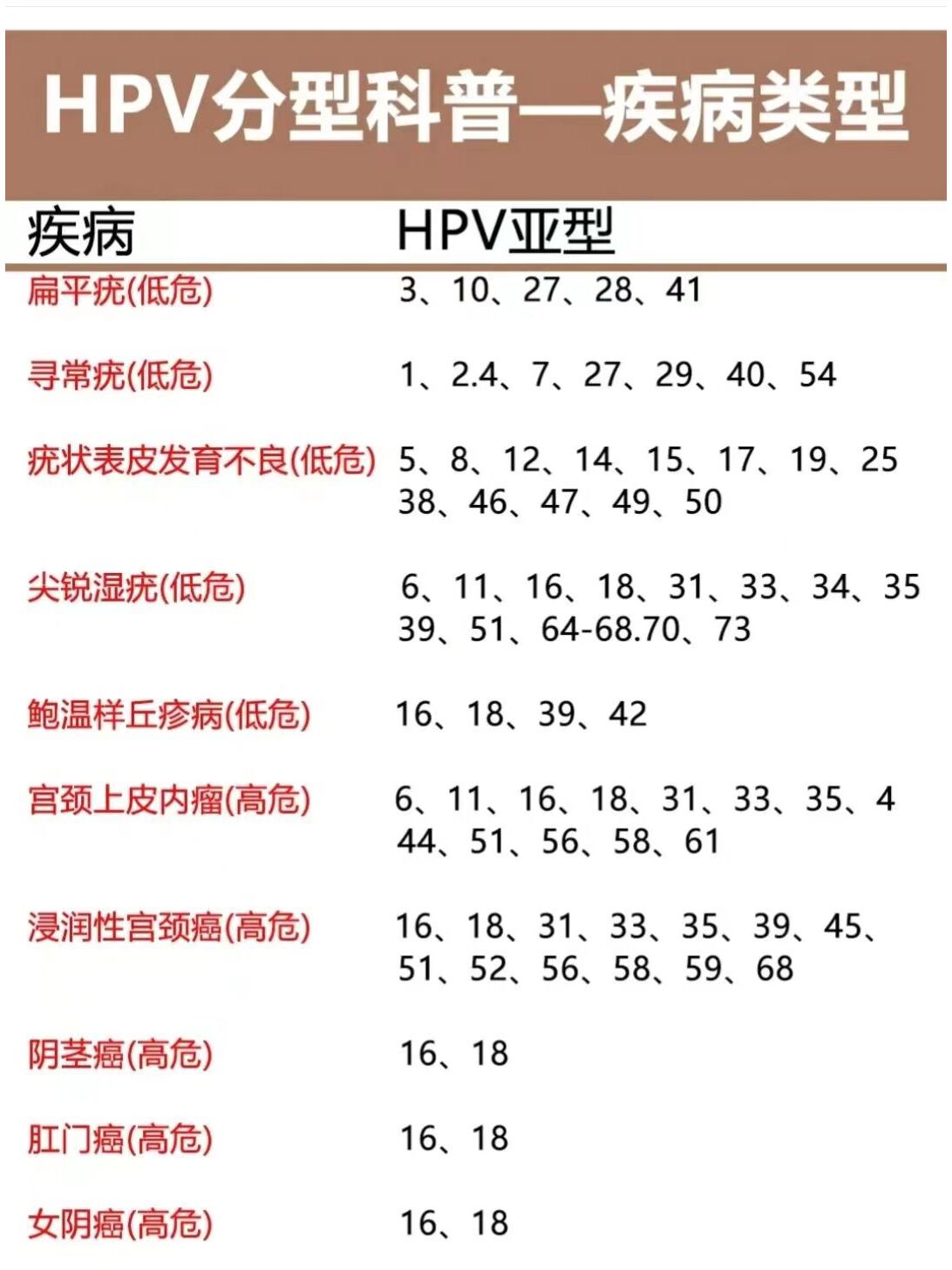 疾病hpv亚型: 扁平疣(低危):3,10, 27,28, 41 寻常疣(低危):1,2.