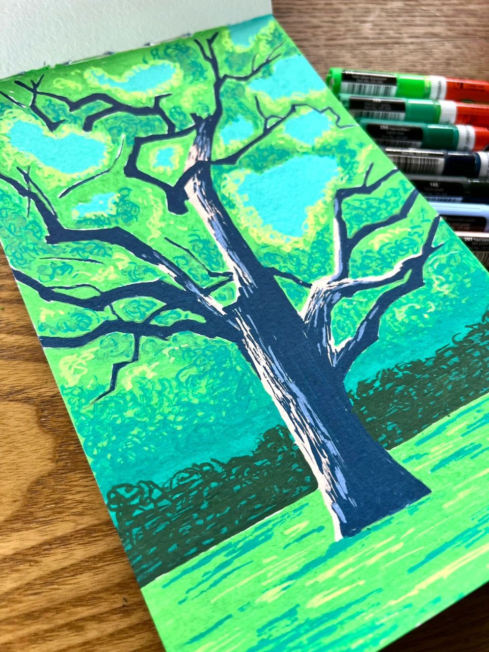 一棵树 丙烯马克笔速写 我愿称之为 钢丝球画法 简单轻松 除了有点废