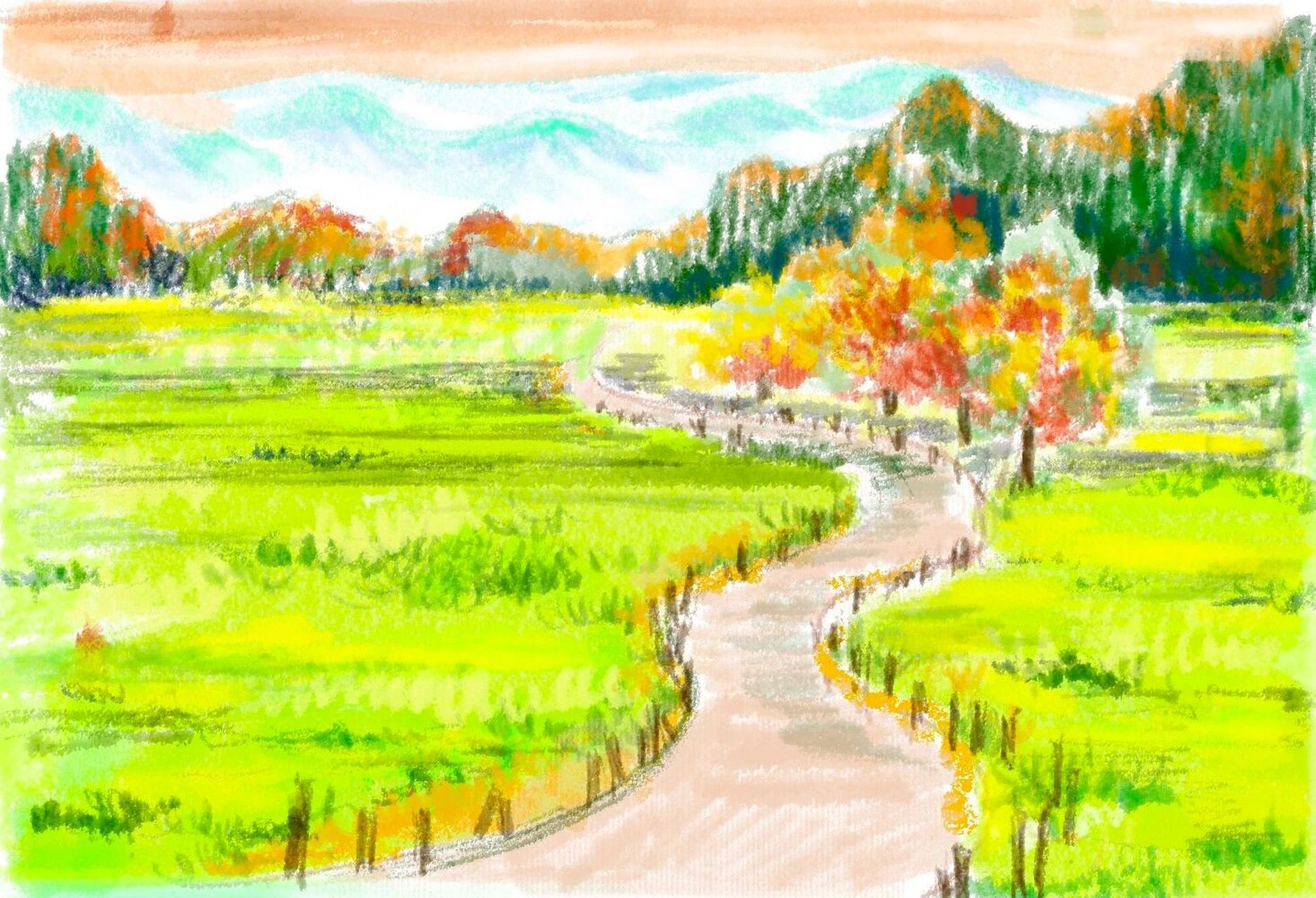 浙美版|五年级下册《弯弯的小路》范画 第一次尝试用ipad手绘工具画