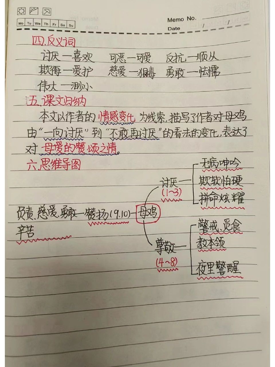 四年级下册语文第14课《母鸡》课堂笔记