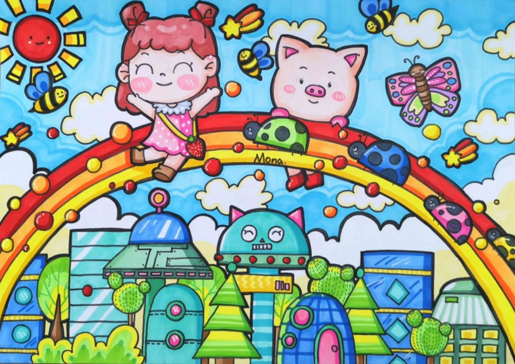 儿童画|未来家园96 画儿童画真的很解压 特别喜欢勾边和一点一点