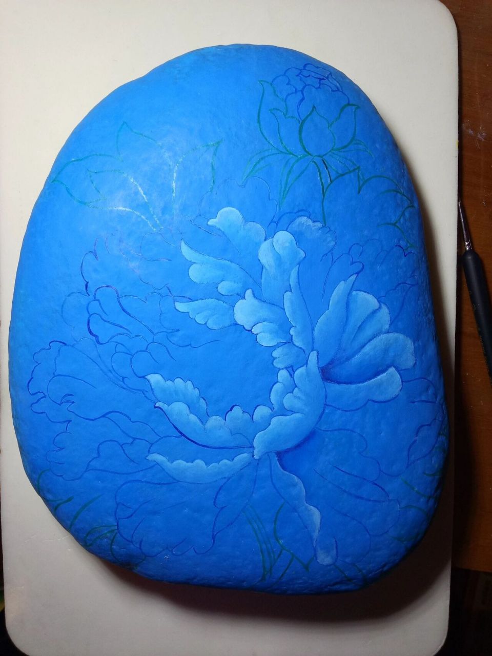 石头画(二)《蓝牡丹》 石头画蓝牡丹