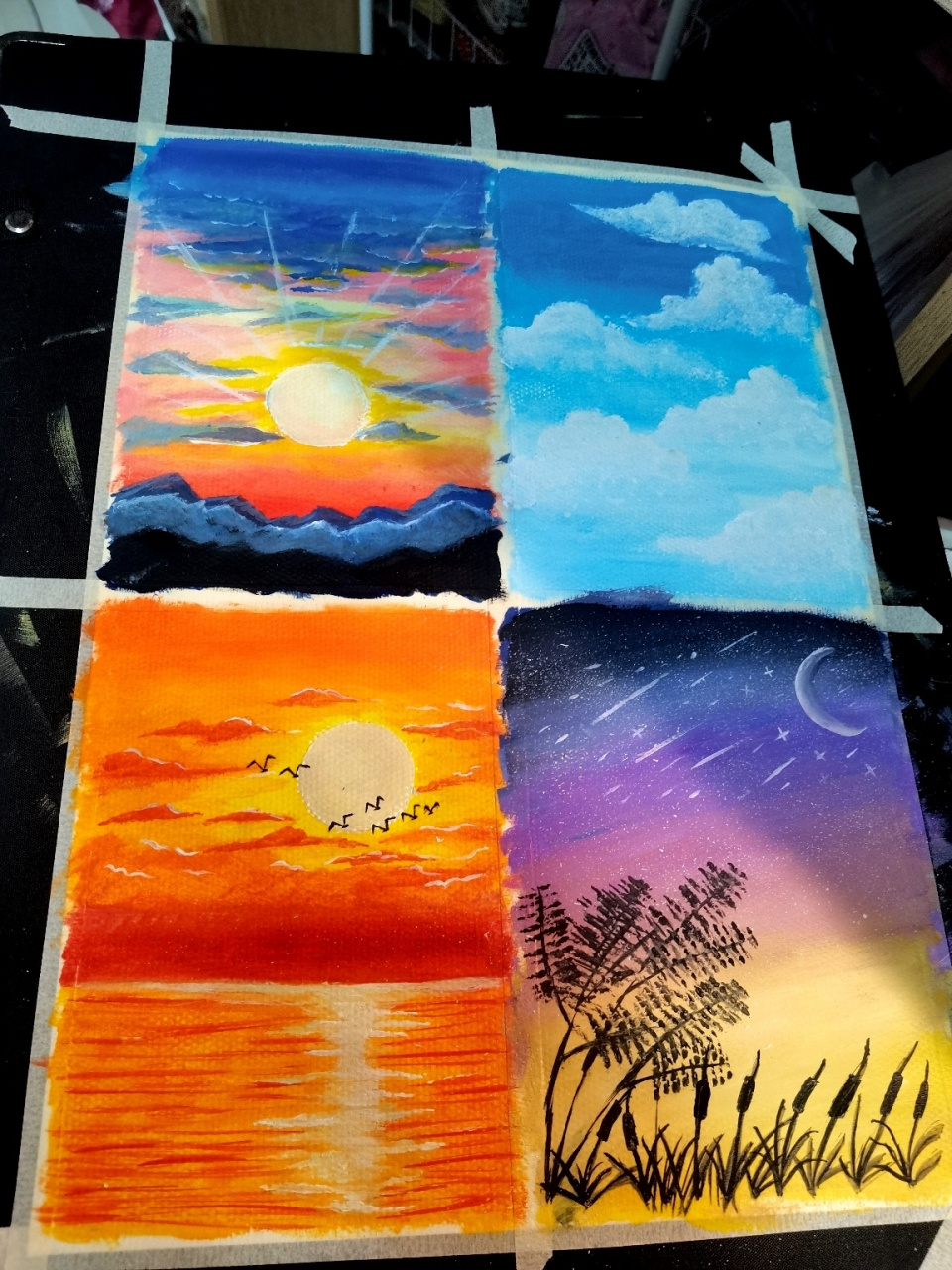 四宫格水粉画风景