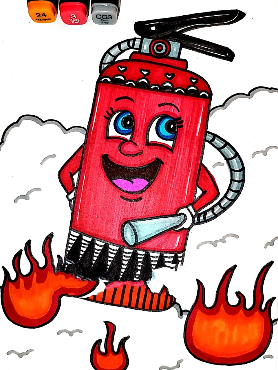 火灾救援 灭火器 创意儿童画 简笔画 线描