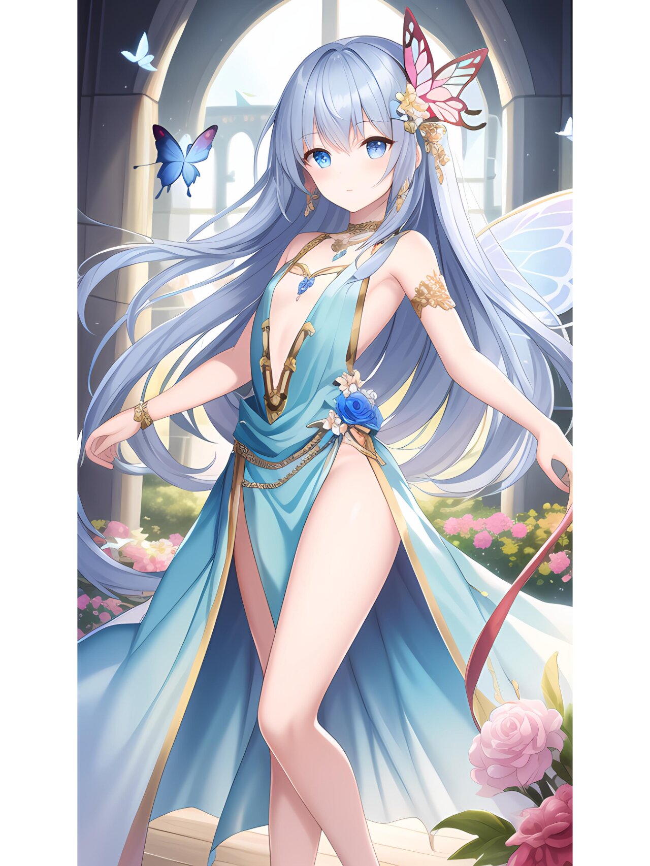 花园蝴蝶飞舞甜美女孩,动漫二次元绘画人物