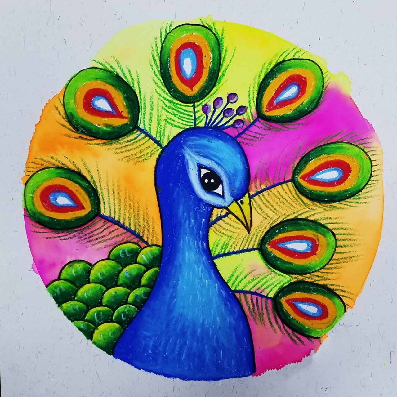 彩墨/油画棒 彩墨孔雀#油画棒孔雀#重彩孔雀#儿童画#创意美术 #儿童画