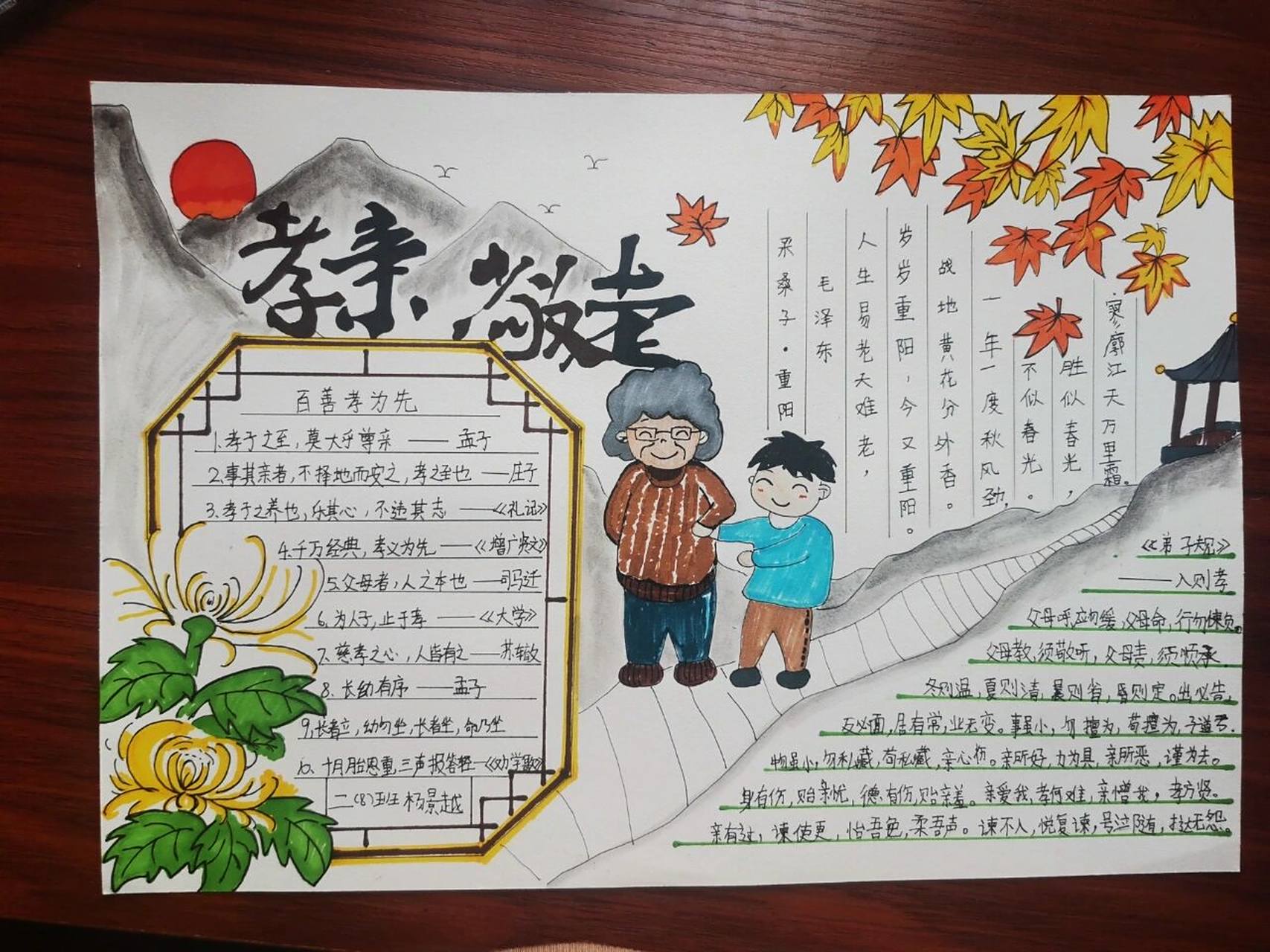 重阳节手抄报,孝亲敬老手抄 重阳节,孝亲敬老手抄报,内容孩子已经写好