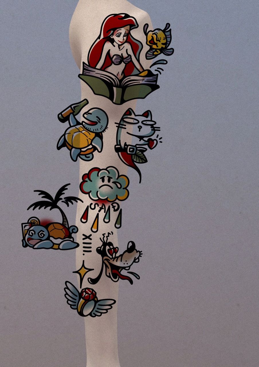 oldschool纹身卡通花臂 设计纹身师. 可爱的图案拼接成的花臂喜欢吗!