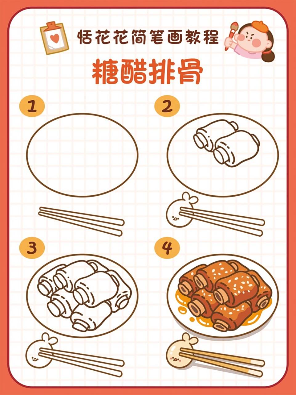 19年夜饭美食插画 | 糖醋排骨简笔画教程 恬花花简笔画小课堂第19期