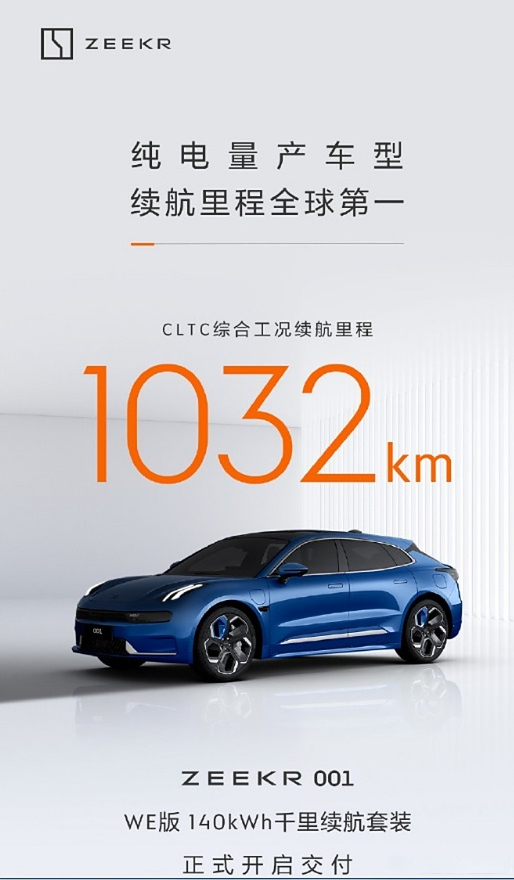 【#极氪001千里续航套装版开启交付#  1032km续航全球量产车第一!