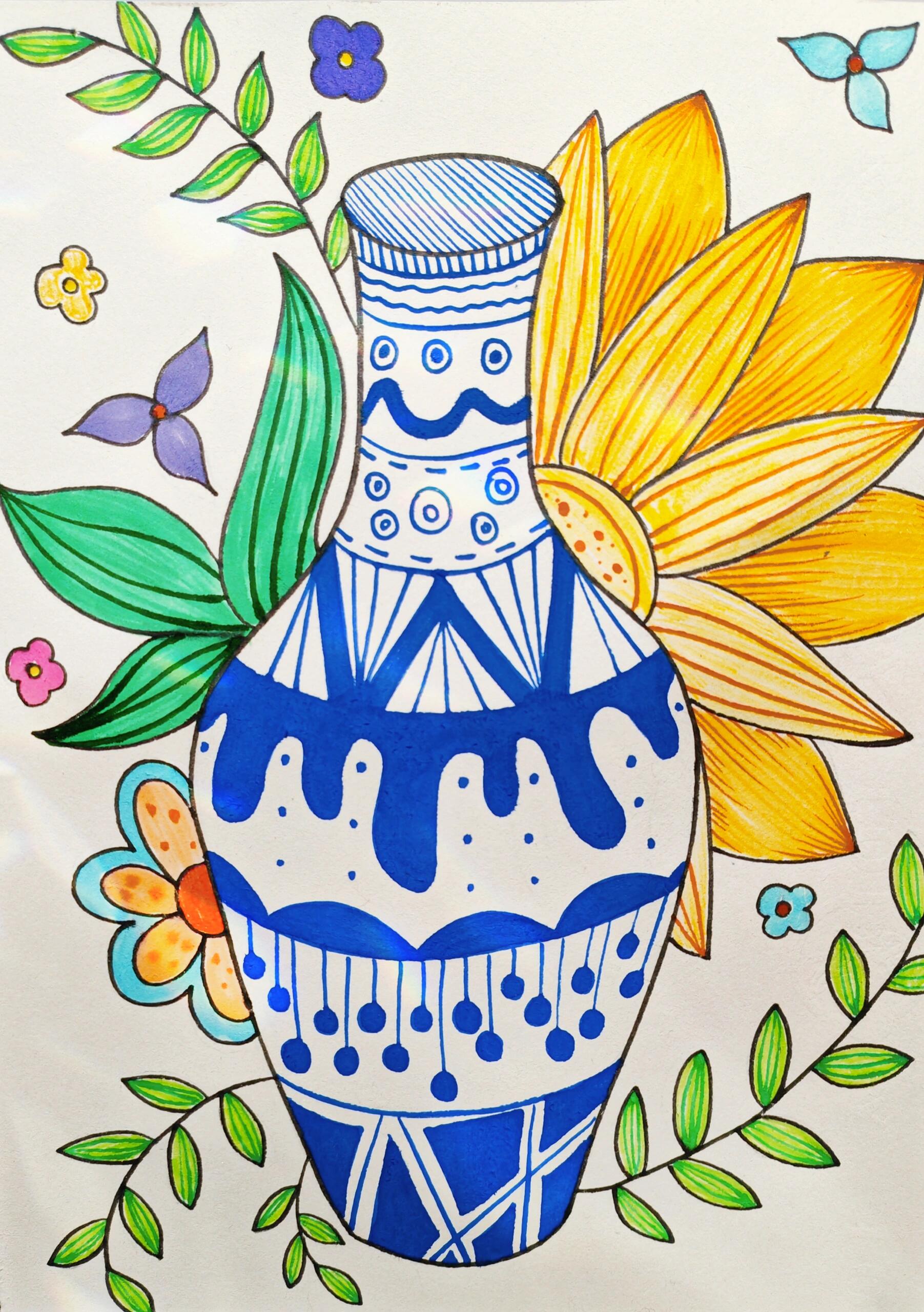 青花瓷色彩线描儿童画