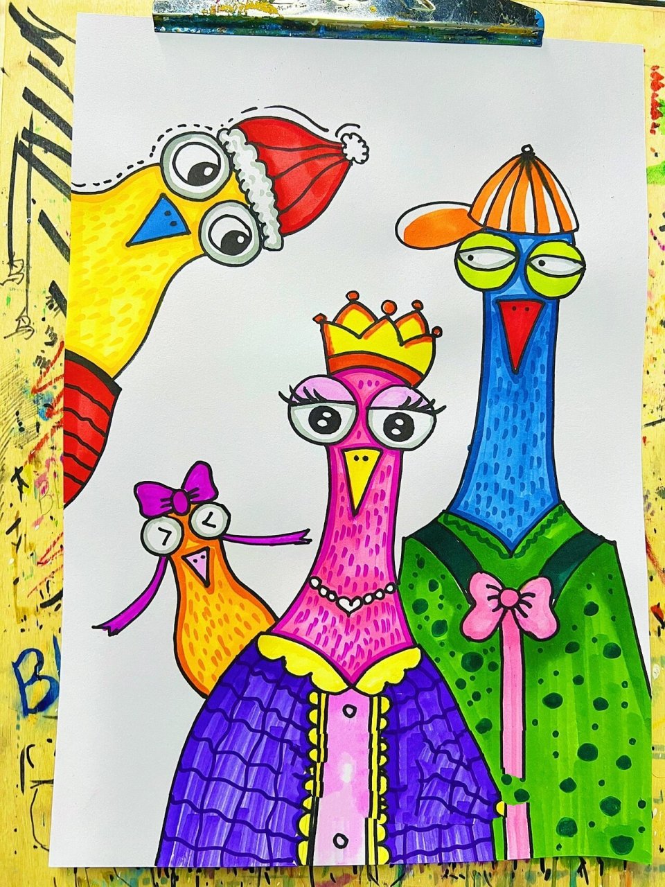 创意儿童画《鸵鸟一家》 适合6-8岁的小朋友