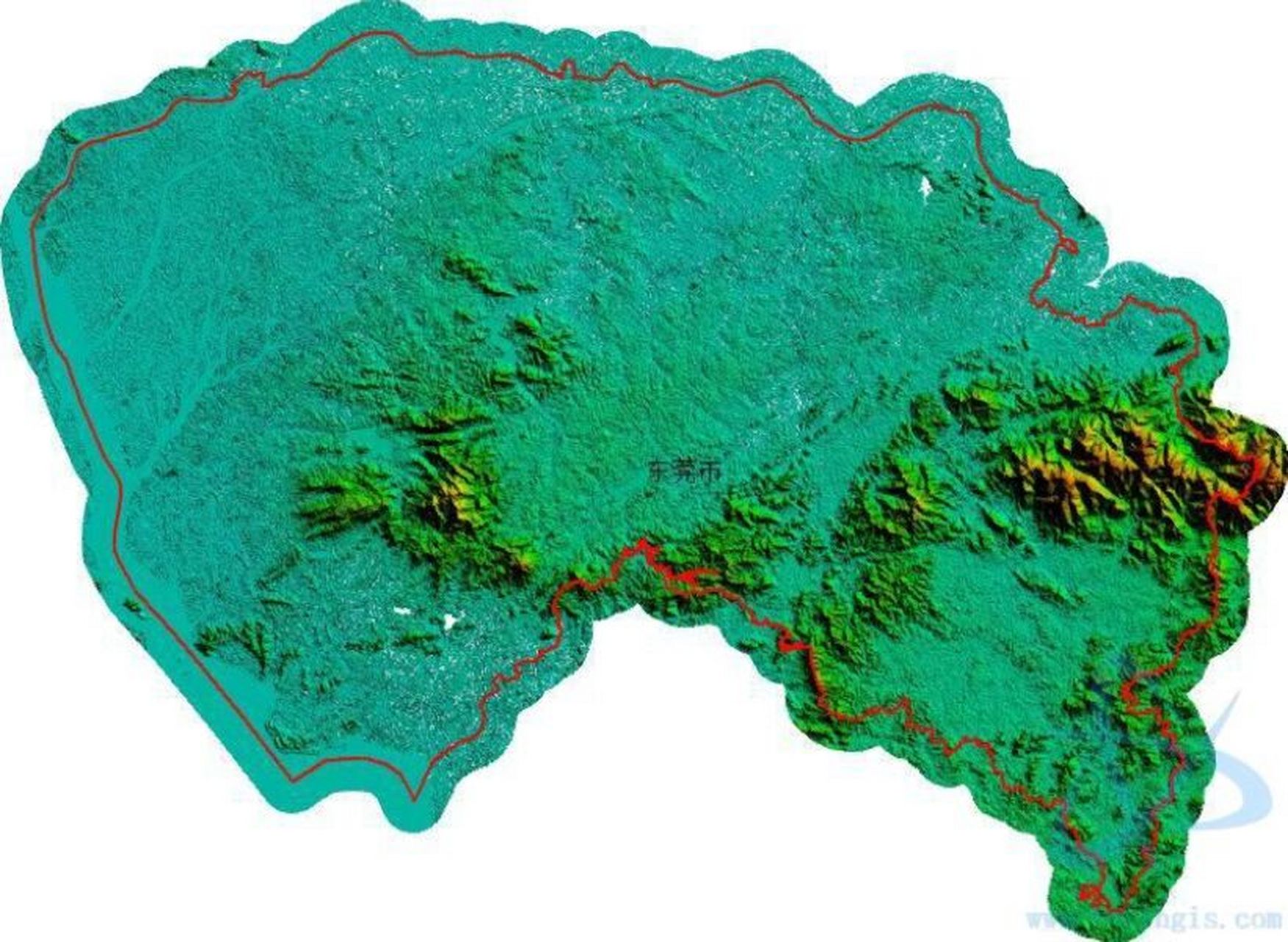 东莞市地形图 东莞市位于广东省中南部,珠江口东岸,因其在广州的东面
