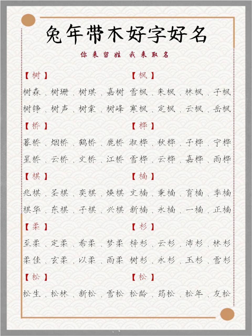 兔年带木字的好名好字