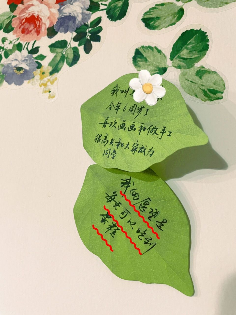 一年级小学生的愿望 今日小作业 老师让在叶子上写上自己的愿望 他说