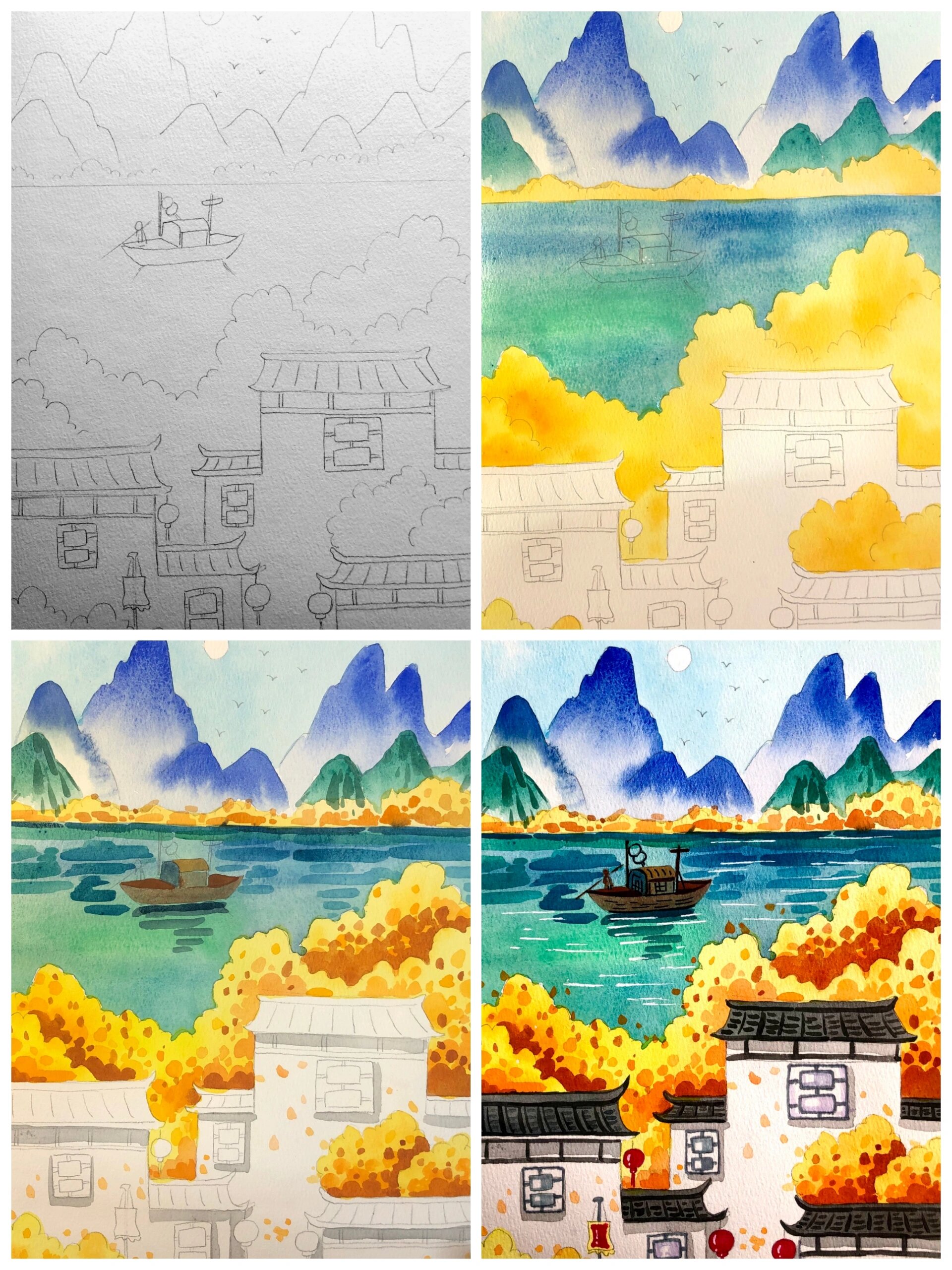 水彩国风风景画教程《江南秋景》