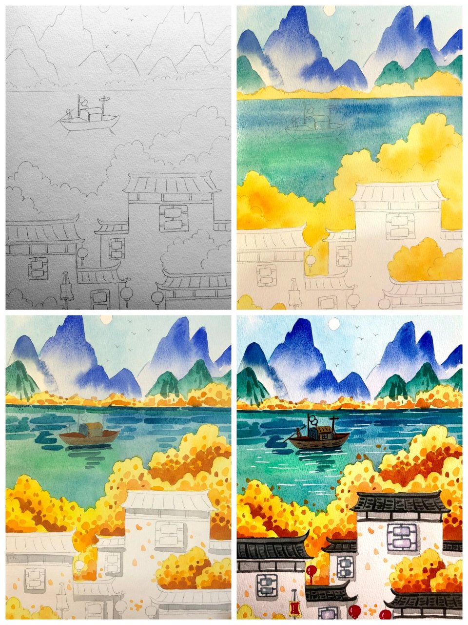 水彩国风风景画教程《江南秋景》 临十一是只画画喵
