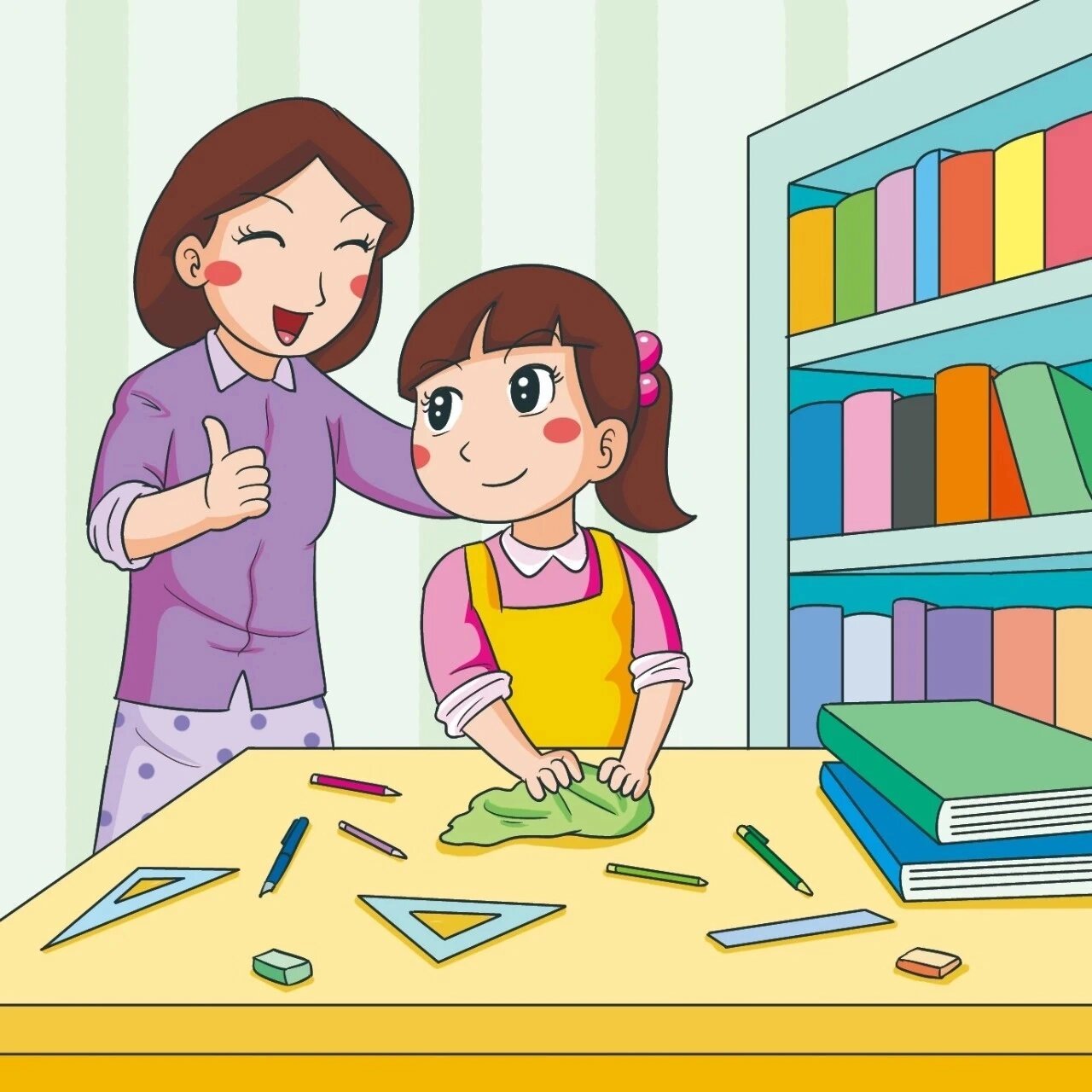 97一年级看图写话《整理书桌》 星期六,红红要自己动手整理书桌.