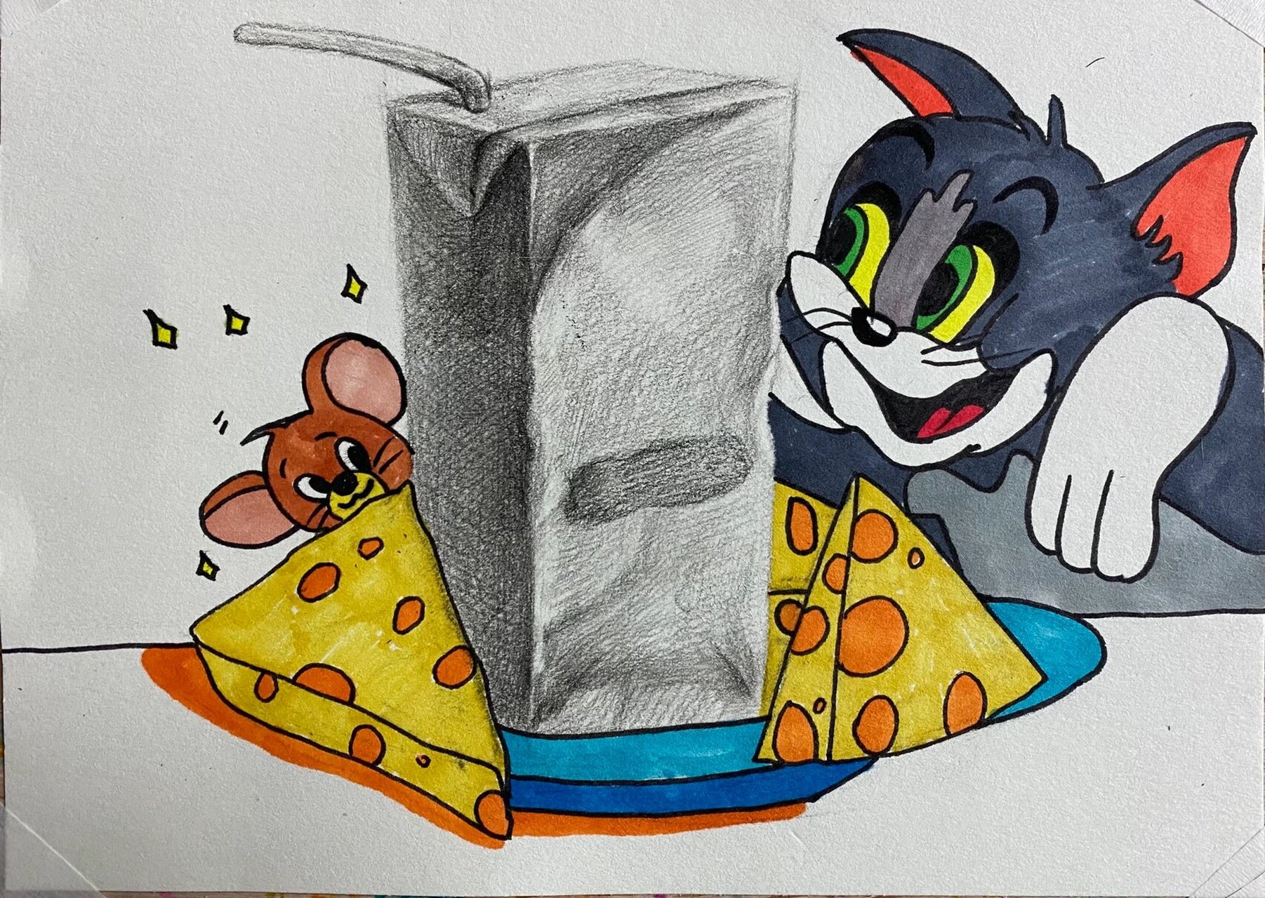 9-12岁石膏(长方体)创意素描 猫和老鼠的大餐,简单有趣.