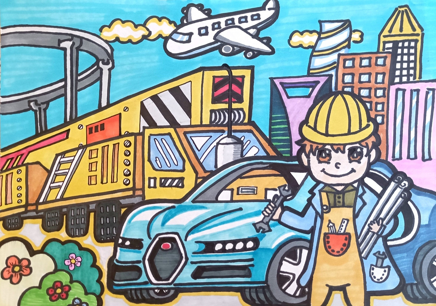 "我的梦想"主题儿童画 这个小朋友的梦想是当工程设计师,于是我在画面