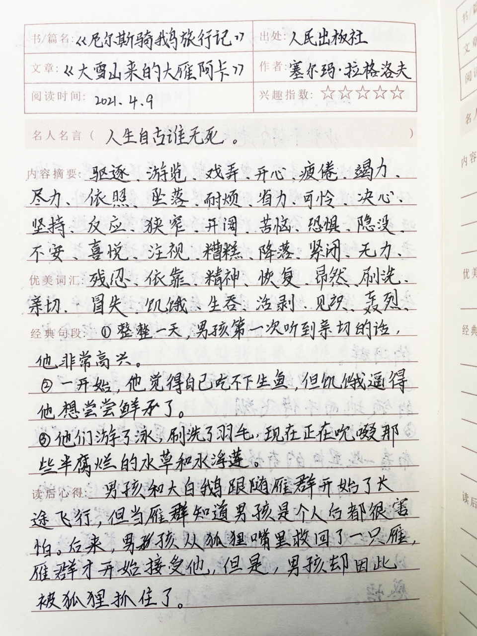 六下语文课外阅读笔记 尼尔斯骑鹅旅行记; 课外阅读笔记