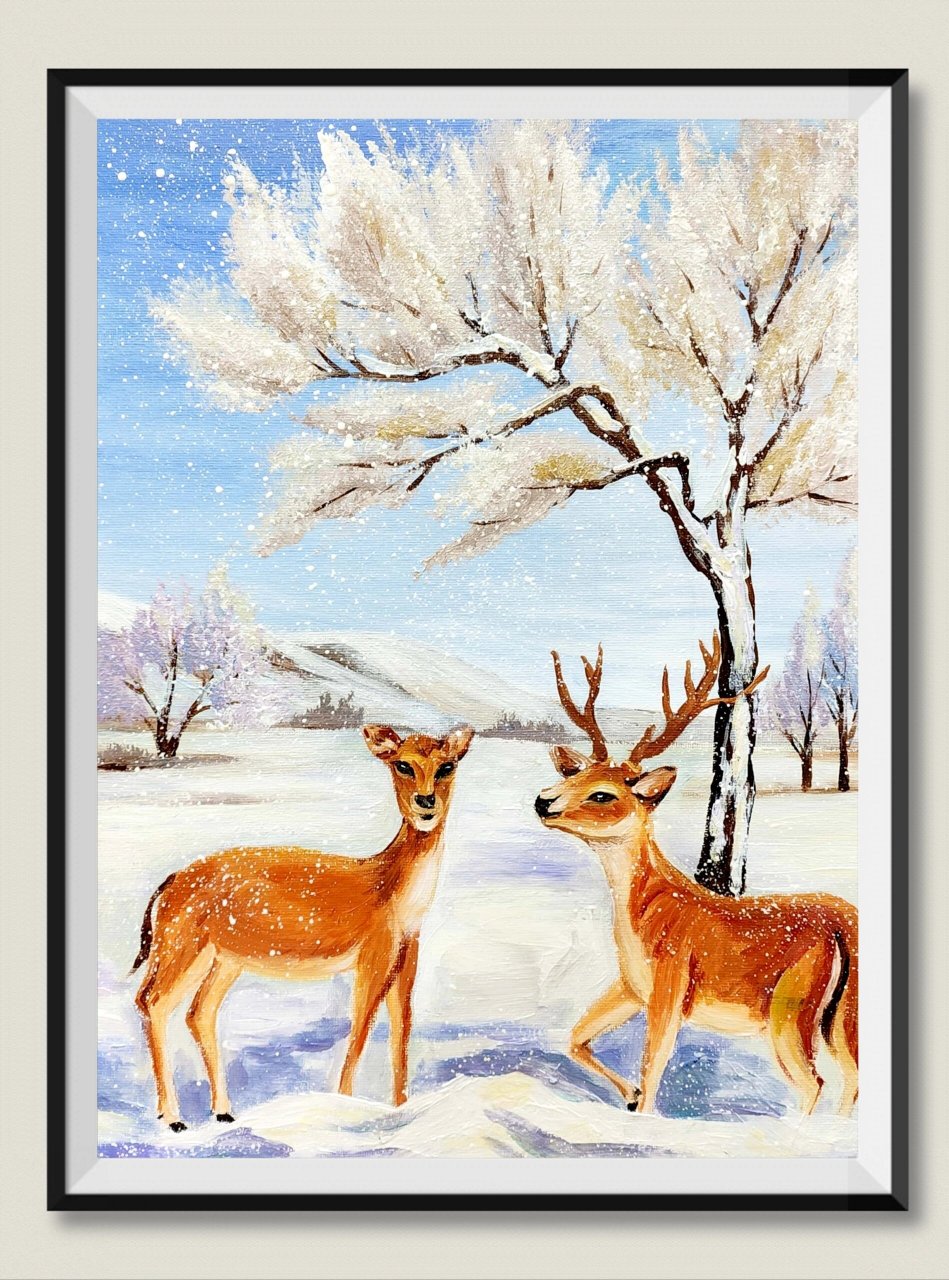 少儿美术——雪地里的麋鹿 绘画主题:水粉画《雪地里的麋鹿》 适合