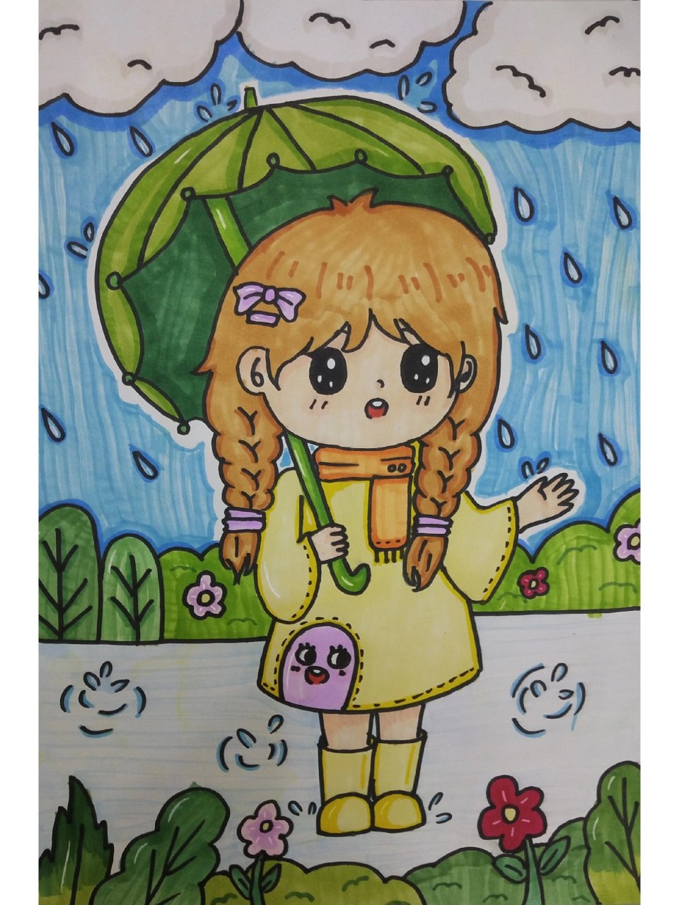 下雨绘画作品,下雨简笔画,下雨儿童画