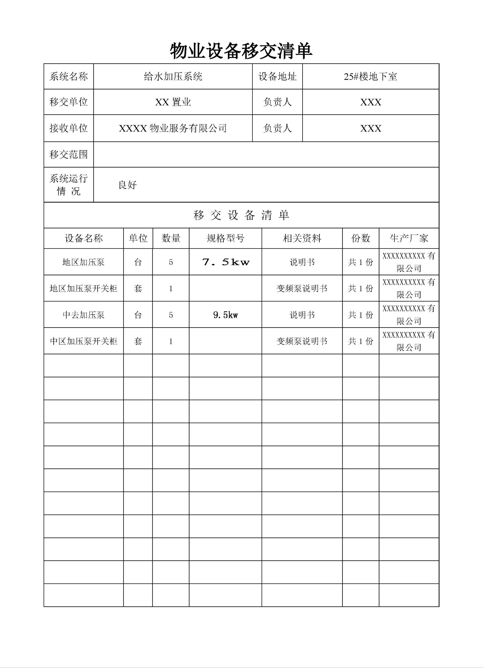 物业设备移交清单表参考样表