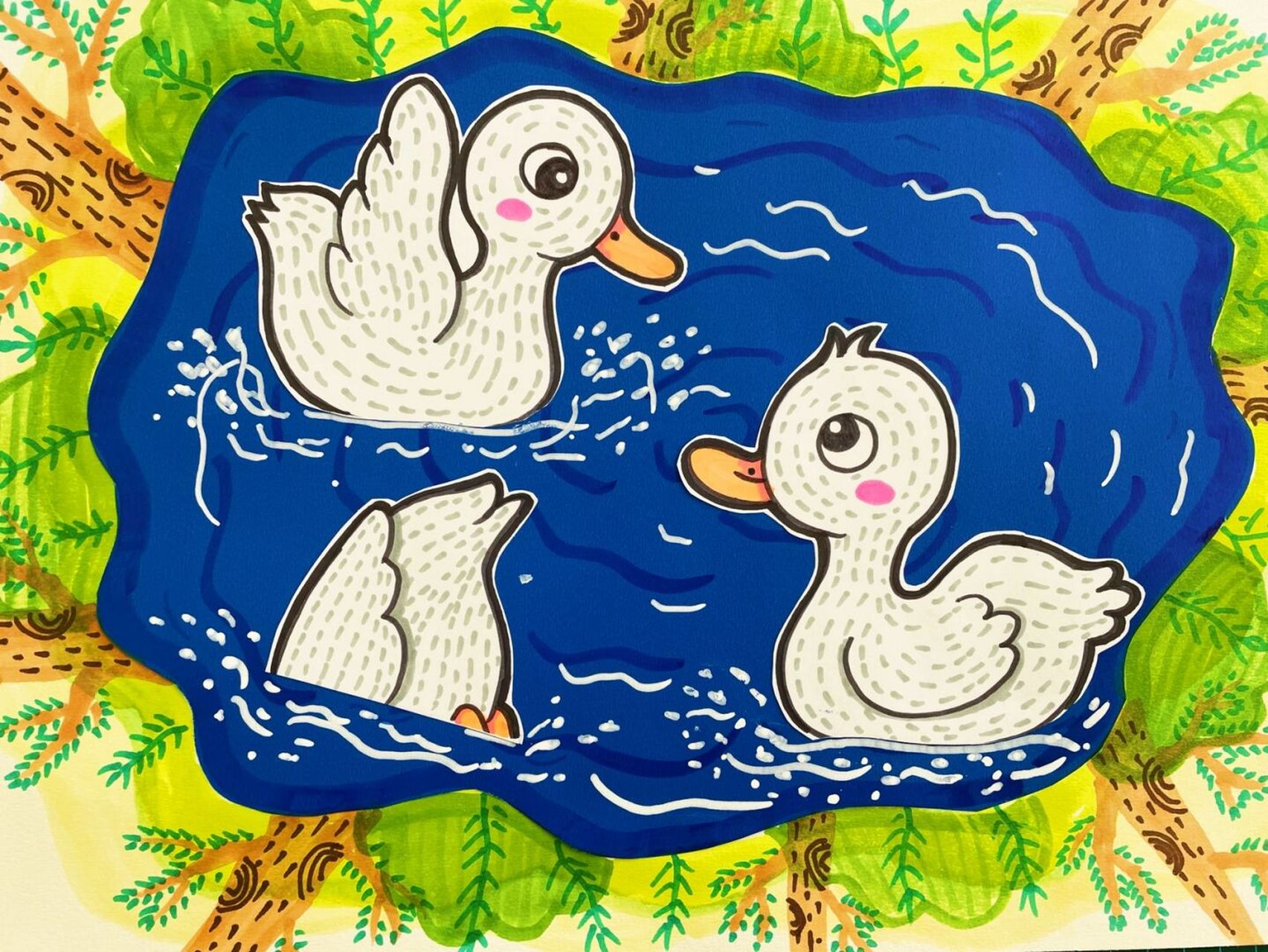创意绘画 创意美术 儿童画 简笔画 春江水暖鸭先知 小鸭子 树 湖 春天