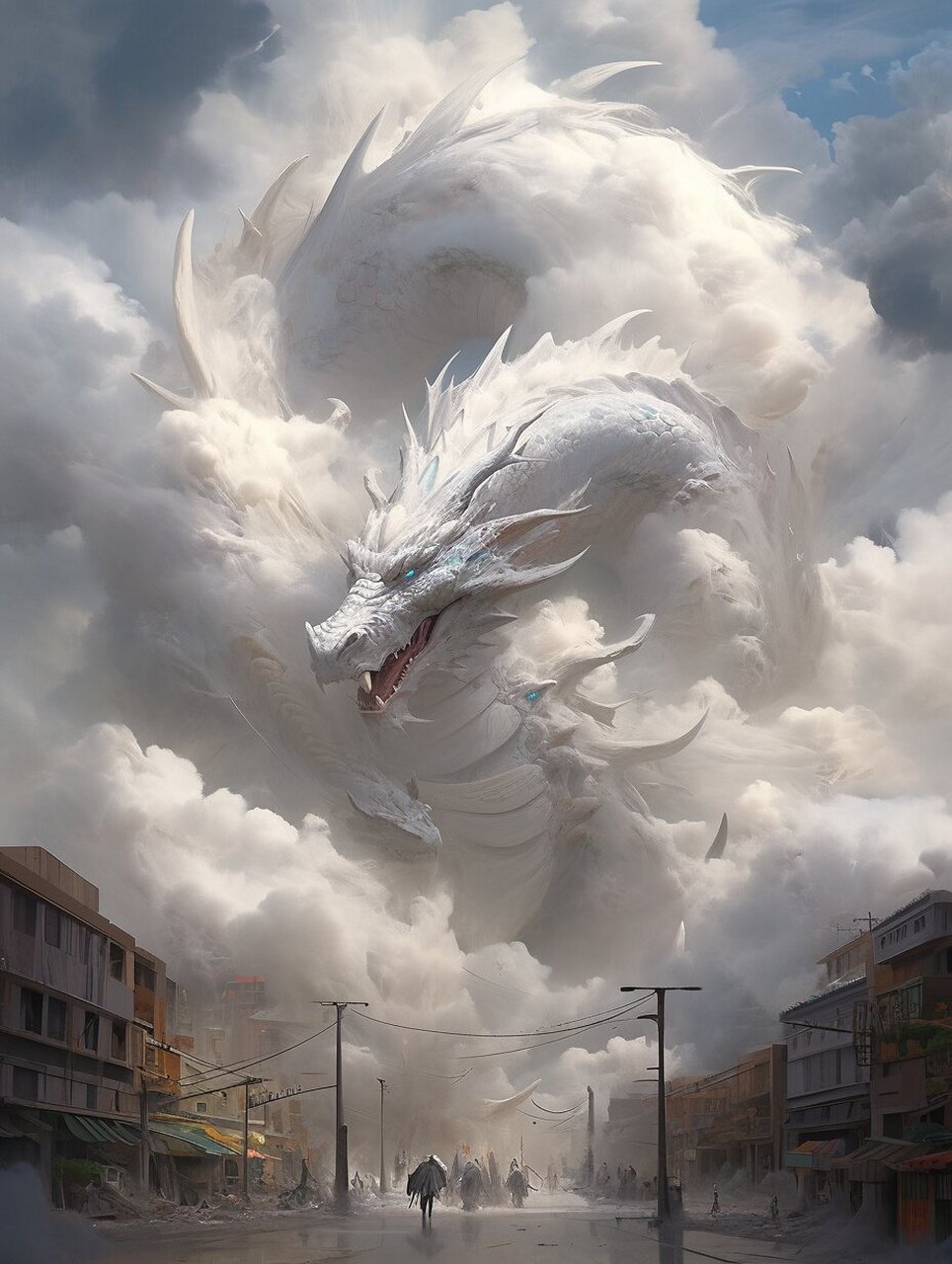 龙运凝聚:都市上空的神秘召唤 天空仿佛孕育了神秘的魔法,云雾凝聚,生