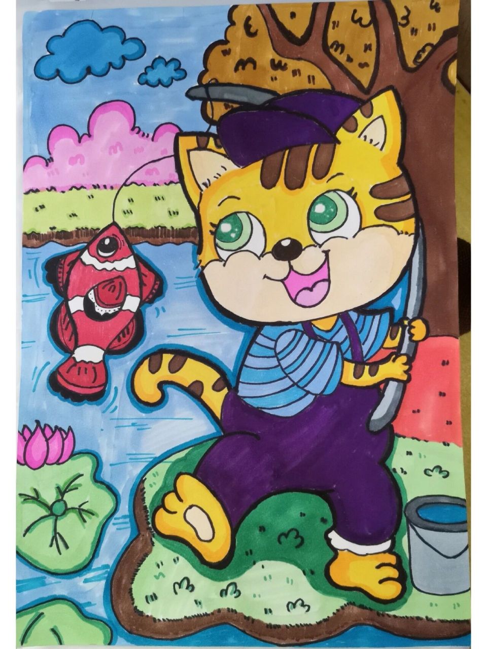 动物主题画93|儿童简笔画 小猫钓鱼～9395 临摹作品非原创