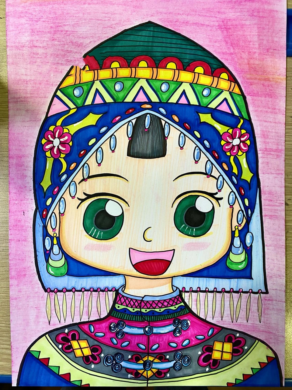 儿童画 水彩/线描《布依族少女》