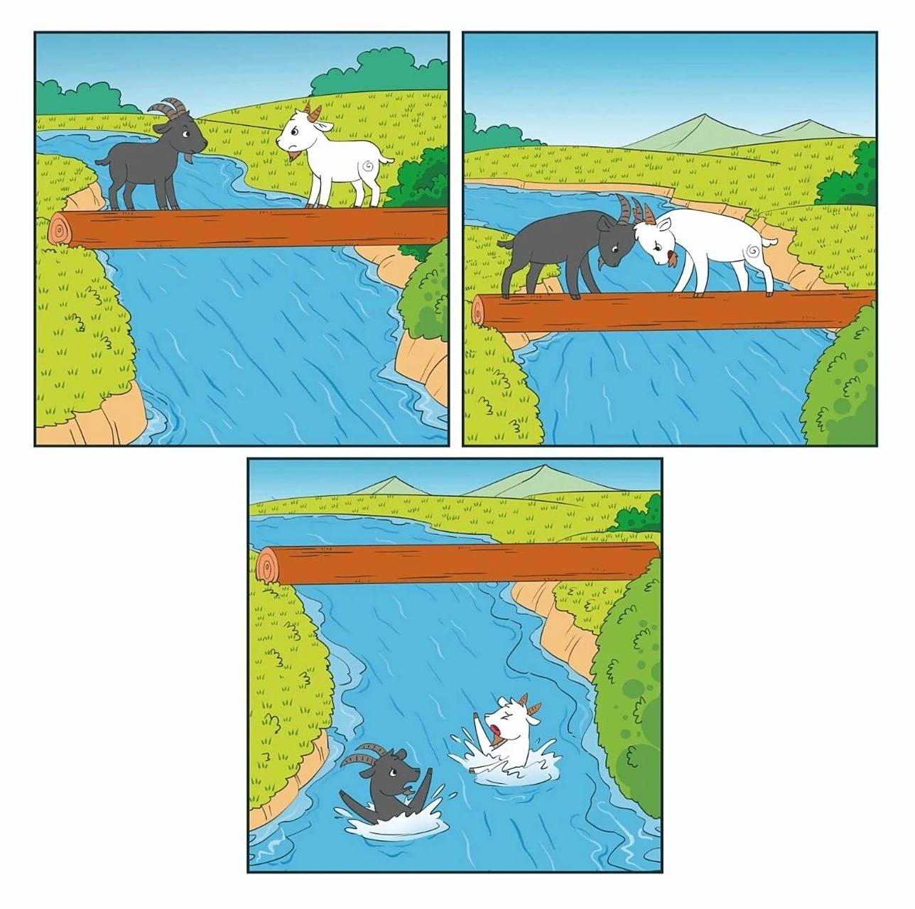 看图写话:过独木桥 有一天,一只白羊和一只黑羊在小河的两边玩耍.